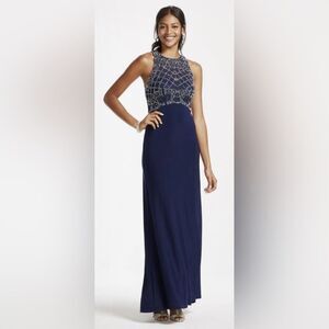 Jackie Jon Navy Beaded Maxi Dress 10 - Silver Embellished Sleeveless Gown